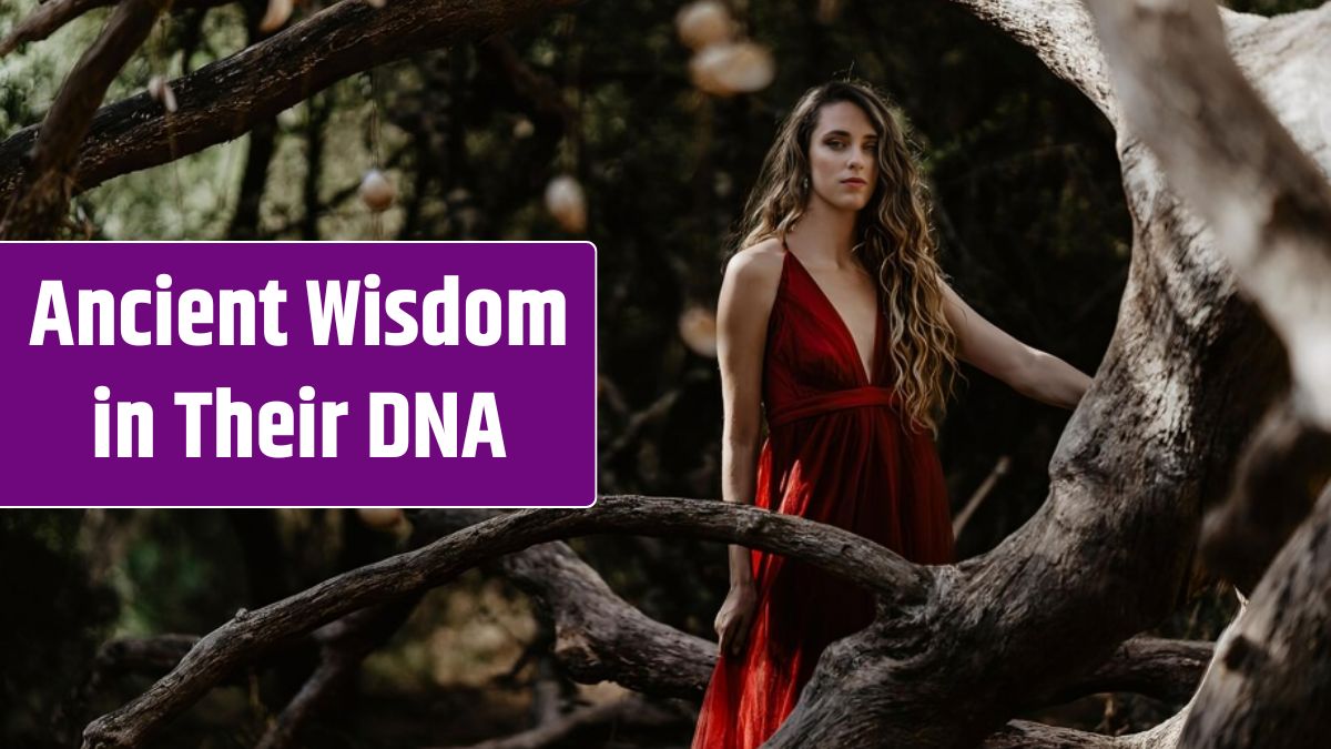 Attractive woman in a long red dress posing against the winding tree in the woods.